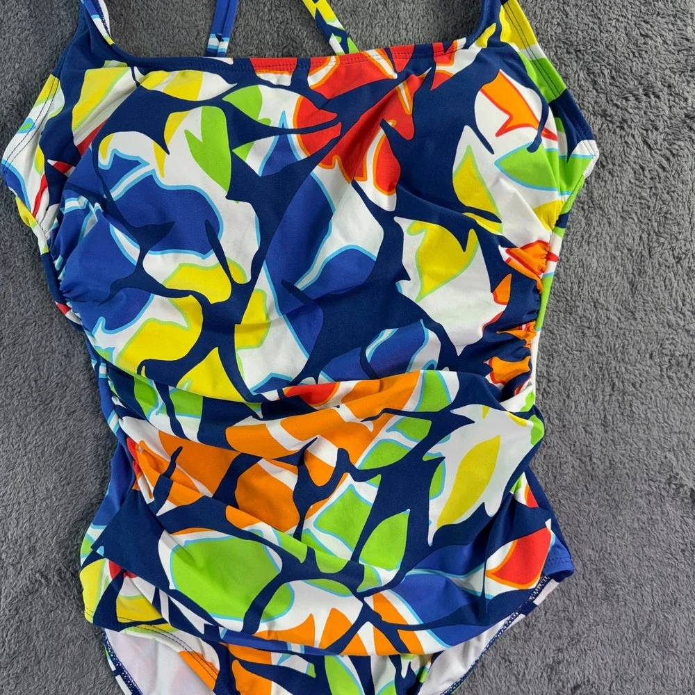 Nautica Tropical Floral One Piece Swimsuit Ruched Tummy Control Medium‎